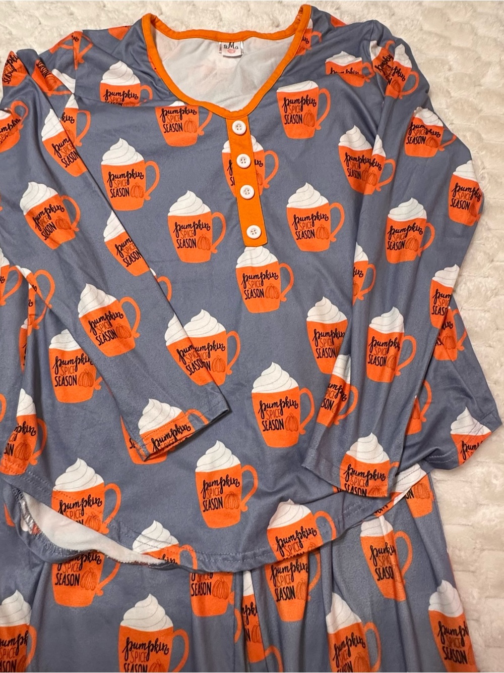 Pumpkin Spice Mug Gray & Orange Long-Sleeve Pajama Set women’s size XL Fall